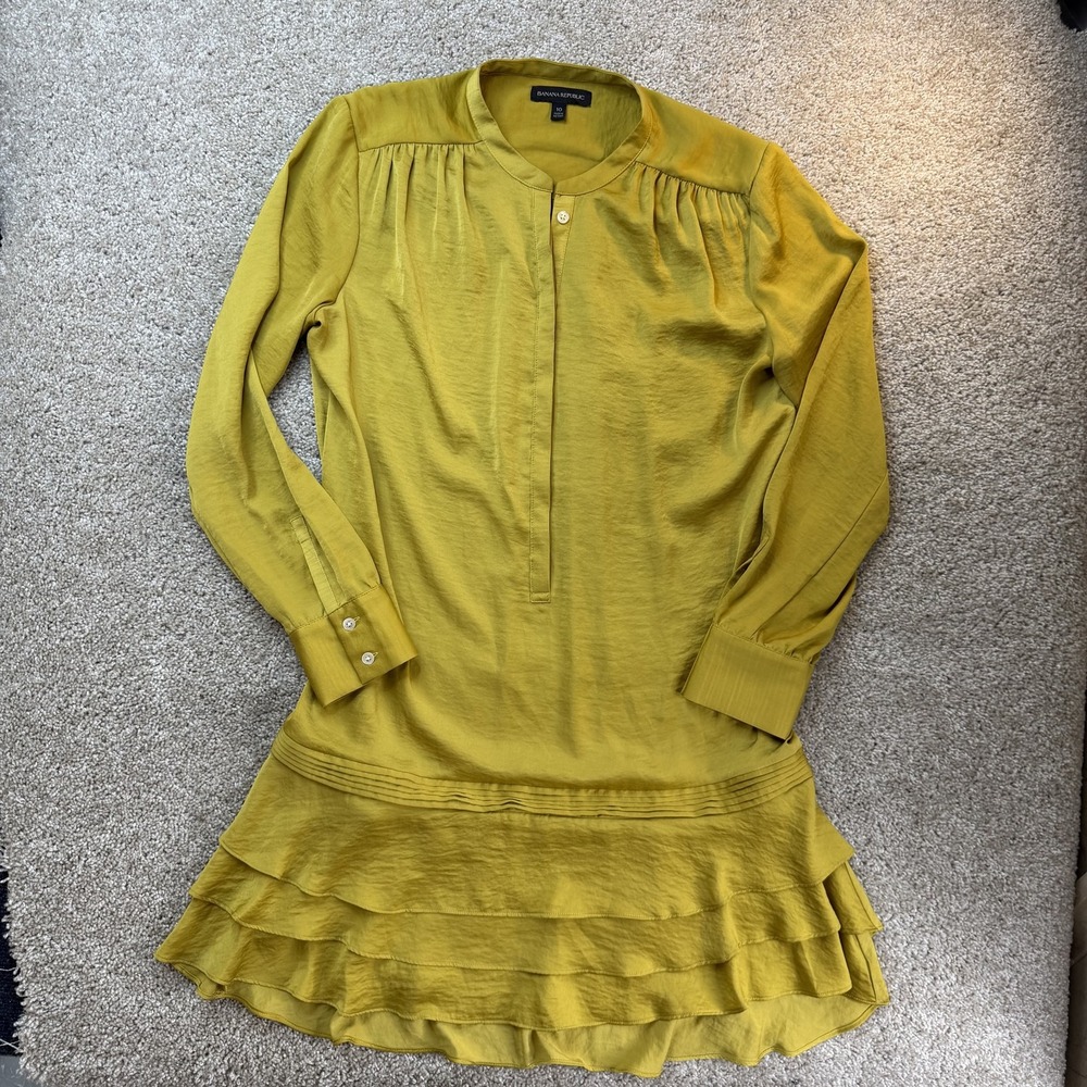 Banana Republic Dress Womens 10 Yellow Long Sleeve Henley Ruffle Shift Short